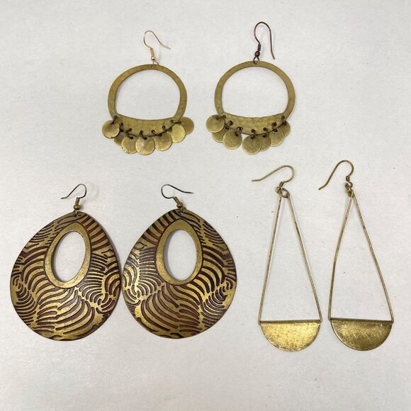 3 Pairs Brass Earrings Boho Dangle Hoops Minimal Simple - Picture 1 of 8